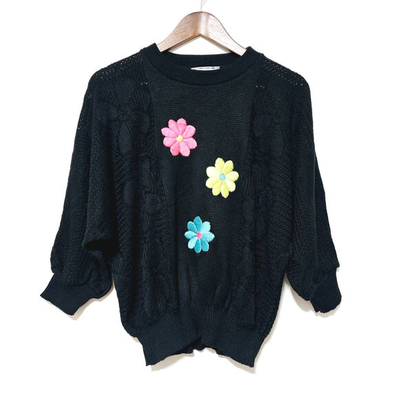 Vintage Bay Point Threads Sweater Size XL Black Embroidered Flowers Casual Retro - Picture 1 of 7